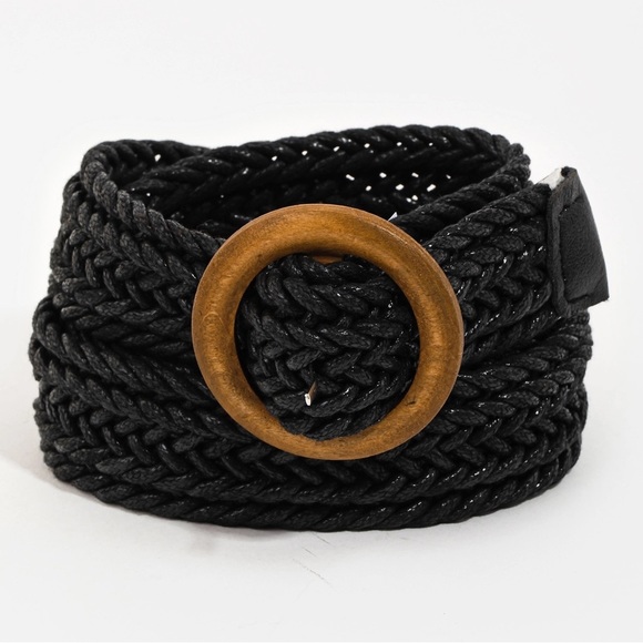 Wooden Circle Buckle Braided Belt 44” | Ivory, Black or Khaki - Picture 3 of 5